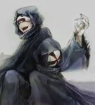  2boys :d bin_brothers black_hair cloak commentary_request eye_mask grey_background half_mask hood hood_up hooded_cloak long_sleeves male_focus mask multiple_boys open_mouth simple_background smile straw_like teeth tokyo_ghoul torn_cloak torn_clothes upper_teeth 
