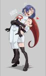  1boy 1girl absurdres blue_eyes blue_hair closed_eyes embarrassed green_eyes grey_background happy highres hug james_(pokemon) jessie_(pokemon) kiana_mai pokemon pokemon_(anime) redhead team_rocket 