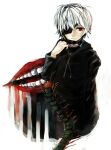  1boy bangs black_eyepatch black_hoodie bug centipede closed_mouth eyepatch grey_background grey_hair hand_up hood hood_down hoodie kaneki_ken long_sleeves male_focus open_mouth red_eyes short_hair simple_background solo straw_like teeth tokyo_ghoul 