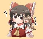  2girls ? animal_ears ascot bangs bare_shoulders blush bow breasts brown_eyes brown_hair chibi closed_eyes closed_mouth collar collared_dress detached_sleeves dress eyebrows_visible_through_hair eyes_visible_through_hair fox_ears fox_tail green_bow hair_between_eyes hair_ornament hair_tubes hakurei_reimu jumpsuit kudamaki_tsukasa light_brown_hair long_sleeves looking_at_another medium_breasts multiple_girls open_mouth puffy_short_sleeves puffy_sleeves red_bow red_dress rokugou_daisuke short_hair short_sleeves simple_background sitting sitting_on_person smile tail touhou upper_body white_jumpsuit white_sleeves wide_sleeves yellow_background yellow_neckwear 