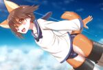  1girl :3 :d animal_ears animal_nose blush body_fur brown_eyes brown_hair commentary copyright_request fang furry furry_female highres horokusa_(korai) looking_at_viewer open_mouth orange_fur smile solo tail two-tone_fur white_fur 