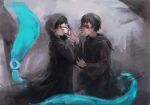  2boys bin_brothers_(tokyo_ghoul) black_cloak black_hair black_nails brothers brown_hair cloak gradient gradient_background grey_background hand_up holding holding_mask hood hooded_cloak kagune_(tokyo_ghoul) long_sleeves looking_at_another looking_at_viewer mask multiple_boys nail_polish red_eyes short_hair siblings straw_like tokyo_ghoul torn_cloak torn_clothes 
