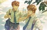  2boys absurdres ace_of_diamond bag belt black_belt bottle brown_eyes brown_hair closed_eyes day glasses grey_pants hand_on_own_face highres holding holding_bottle looking_at_another male_focus miyuki_kazuya multiple_boys necktie open_mouth outdoors pants sato_(sato_1_11) sawamura_eijun school_bag school_uniform shirt short_hair sideburns smile sweat teeth water_bottle white_shirt 