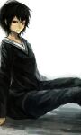  1boy bangs black_hair black_pants black_shirt from_side grey_background kirishima_ayato long_sleeves looking_at_viewer male_focus pants red_eyes shirt short_hair sitting solo straw_like tokyo_ghoul 