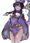  1girl absurdres armor axe bangs battle_axe belt black_hair breastplate cape dress eyebrows_visible_through_hair fire_emblem fire_emblem:_genealogy_of_the_holy_war fire_emblem_heroes hat highres holding holding_axe holding_weapon howaito_gyuunyuu larcei_(fire_emblem) long_sleeves looking_at_viewer official_alternate_costume open_mouth over_shoulder purple_dress short_dress short_hair shoulder_armor sidelocks solo thigh_strap thighs violet_eyes weapon white_background 