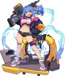  1girl :3 amelia_(world_flipper) arm_up artist_request ass_visible_through_thighs bangs bikini bikini_under_clothes black_choker black_shorts blue_hair blue_jacket blush breasts choker explosive eyebrows_visible_through_hair full_body grenade gun hair_between_eyes hair_intakes hair_ornament hair_ribbon hand_on_hip headset highres holding holding_gun holding_weapon jacket jetpack large_breasts legs_apart light_blush light_machine_gun long_hair long_sleeves micro_shorts multicolored_footwear navel non-web_source off-shoulder_jacket off_shoulder official_art open_clothes open_fly open_jacket over_shoulder ponytail puffy_long_sleeves puffy_sleeves ribbon sandals shiny shiny_hair short_shorts shorts sidelocks single_thighhigh skindentation solo sticker stomach swimsuit thigh-highs thigh_strap tied_hair transparent_background two-sided_fabric two-sided_jacket water weapon weapon_over_shoulder white_legwear world_flipper yellow_ribbon 