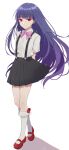  1girl absurdres arms_behind_back bangs black_skirt blunt_bangs bow bowtie closed_mouth collared_shirt commentary eyebrows_visible_through_hair full_body furude_rika highres higurashi_no_naku_koro_ni kneehighs long_hair looking_at_viewer mary_janes pleated_skirt purple_bow purple_hair purple_neckwear red_eyes red_footwear school_uniform seina1211 shirt shirt_tucked_in shoes short_sleeves simple_background skirt solo standing suspender_skirt suspenders very_long_hair white_background white_legwear white_shirt 