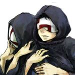  2boys bangs bin_brothers_(tokyo_ghoul) black_cloak black_hair black_nails brothers cloak grin half_mask hands_up hood hood_up hooded_cloak long_sleeves lowres mask multiple_boys nail_polish parted_lips short_hair siblings simple_background smile straw_like teeth tokyo_ghoul white_background 