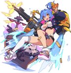  1girl amelia_(world_flipper) ammunition_belt anchor arm_up artist_request bangs bikini bikini_under_clothes black_choker black_shorts blue_hair blue_jacket blush breasts cannon casing_ejection choker explosive eyebrows_visible_through_hair finger_on_trigger firing flying full_body grenade gun hair_between_eyes hair_intakes hair_ornament hair_ribbon hand_up headset highres holding holding_grenade holding_gun holding_weapon jacket jetpack large_breasts light_blush light_machine_gun long_hair long_sleeves micro_shorts multicolored_footwear muzzle_flash navel non-web_source official_art open_clothes open_jacket ponytail puffy_long_sleeves puffy_sleeves ribbon sandals shell_casing shiny shiny_hair ship short_shorts shorts sidelocks single_thighhigh skindentation skull smoke solo sticker stomach swimsuit teeth thigh-highs thigh_strap tied_hair transparent_background two-sided_fabric two-sided_jacket water watercraft weapon white_legwear world_flipper yellow_ribbon 