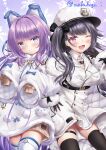  2girls ;3 ;d absurdres azur_lane bangs black_hair blue_eyes blunt_bangs coat commentary_request earmuffs eyebrows_visible_through_hair hair_between_eyes hair_ornament hat highres long_hair long_sleeves looking_at_viewer makihige mole mole_under_eye multiple_girls one_eye_closed one_side_up open_mouth pamiat_merkuria_(azur_lane) peaked_cap purple_hair sidelocks sleeves_past_wrists smile tashkent_(azur_lane) thigh-highs twitter_username violet_eyes white_legwear winter_clothes winter_coat zettai_ryouiki 