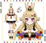  1girl absurdres animal_ears anon_non black_hair blonde_hair character_name character_sheet crown dress gradient_hair heart heart-shaped_pupils highres key_hair_ornament loose_socks mini_crown multicolored_hair official_art papi_(anon_non) platform_footwear playing_card_theme prism_project rabbit_ears rabbit_girl rabbit_tail short_dress strapless strapless_dress symbol-shaped_pupils tail two-tone_hair violet_eyes wrist_cuffs yuu_(higashi_no_penguin) 
