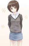  1girl amagami arms_behind_back bangs blush breasts brown_eyes brown_hair clothes_lift commentary cowboy_shot denim denim_skirt dress_shirt gradient gradient_background grey_sweater hair_strand head_tilt looking_at_viewer purea shirt short_hair skirt skirt_lift small_breasts smile snowflakes solo standing sweater tachibana_miya white_background white_shirt 
