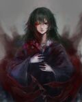  1girl bangs black_cloak blood blood_from_eyes blue_eyes cloak closed_mouth eto_(tokyo_ghoul) gradient gradient_background green_hair grey_background hands_up heterochromia kagune_(tokyo_ghoul) long_hair long_sleeves one_eye_closed solo straw_like tokyo_ghoul upper_body wide_sleeves 