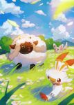  blurry brown_eyes closed_mouth clouds commentary_request day grass highres koune827 leaves_in_wind looking_up minccino no_humans open_mouth outdoors pokemon pokemon_(creature) scorbunny sky smile standing toes wooloo 