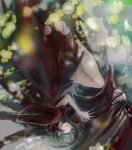  1girl bangs black_cloak blue_eyes cloak eto_(tokyo_ghoul) from_side gem gradient gradient_background green_hair grey_background hands_up heterochromia kagune_(tokyo_ghoul) knees_up long_hair long_sleeves looking_at_viewer red_cloak red_eyes smile straw_like teeth tokyo_ghoul torn_cloak torn_clothes upside-down 