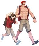  2boys abs alexandros_(fate) backpack bag brown_shorts fate/zero fate_(series) full_body iskandar_(fate) jeje_(pixiv12541114) large_pectorals male_focus multiple_boys muscular muscular_male navel navel_hair nipples pectorals red_eyes redhead short_hair shorts stomach topless_male walking waver_velvet younger 