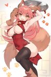  1girl absurdres animal_ear_fluff animal_ears animal_hands bangs bell blush bow breasts china_dress chinese_clothes collar dress fate/extra fate/grand_order fate_(series) fox_ears fox_girl fox_tail gloves hair_between_eyes hair_bow highres jingle_bell large_breasts long_hair looking_at_viewer neck_bell open_mouth paw_gloves paw_shoes pink_hair ponytail red_bow rottenweiler shoes sidelocks smile solo tail tamamo_(fate) tamamo_cat_(fate) yellow_eyes 