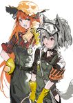  2girls absurdres alchemaniac animal_ears arknights armband bagpipe_(arknights) brown_shirt cowboy_shot dragon_horns gloves grani_(arknights) green_overalls grey_hair hair_between_eyes hat highres hip_vent holding horns horse_ears horse_girl horse_tail light_blush looking_at_viewer multiple_girls open_mouth orange_hair plaid plaid_shirt ponytail potato red_shirt shirt simple_background sketch sun_hat tail teeth violet_eyes visor_cap white_background yellow_gloves 