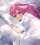  1girl alternate_costume animal_ears bangs bed_sheet commentary earrings eyebrows_visible_through_hair fox_ears from_above futon genshin_impact hair_between_eyes highres jewelry long_hair looking_at_viewer lufi_ays lying on_side pajamas pillow pink_hair short_sleeves sidelocks smile solo sunlight under_covers violet_eyes waking_up yae_(genshin_impact) 