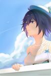  1girl antenna_hair bangs bare_shoulders blue_eyes blue_hair blue_sky blurry blurry_foreground closed_mouth clouds cloudy_sky dress hair_between_eyes hand_on_railing honkai_(series) honkai_impact_3rd multicolored_hair outstretched_arms seele_vollerei seele_vollerei_(swallowtail_phantasm) short_hair sky sleeveless sleeveless_dress solo streaked_hair summer summer_uniform sundress white_dress white_headwear wu_geng_master 