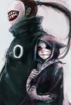  1boy 1girl bandaged_arm bandaged_head bandages black_cloak brown_hair cloak eto_(tokyo_ghoul) from_side grey_background height_difference hood hood_up hooded_cloak long_sleeves looking_at_viewer mask noro_(tokyo_ghoul) ponytail red_eyes simple_background straw_like teeth_print tokyo_ghoul torn_cloak torn_clothes 