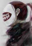  1boy brown_hair covered_face from_side grey_background long_hair male_focus mask noro_(tokyo_ghoul) ponytail shiny shiny_hair simple_background solo straw_like teeth_print tokyo_ghoul turtleneck 