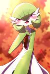  1girl artist_name autumn_leaves bangs blurry blurry_background blush bob_cut colored_skin commentary_request cowboy_shot day flat_chest gardevoir green_hair green_skin hair_between_eyes half-closed_eyes hand_on_own_chest hand_up happy highres looking_at_viewer multicolored multicolored_skin open_mouth orange_background outdoors pink_eyes pokemon pokemon_(creature) pov reaching_out short_hair signature smile solo standing straight-on tree tsukkon twitter_username two-tone_skin white_skin 