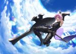  1boy armor armored_boots bare_shoulders black_armor blue_sky boots clouds cloudy_sky fate/grand_order fate_(series) gauntlets genderswap genderswap_(ftm) greaves holding holding_shield looking_at_viewer male_focus mash_kyrielight mosi_l open_mouth outdoors pink_hair shield short_hair sky smile solo sword teeth violet_eyes weapon 