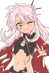  1girl blush chloe_von_einzbern dark-skinned_female dark_skin eyebrows_visible_through_hair fate/kaleid_liner_prisma_illya fate_(series) hair_bun highres long_hair looking_at_viewer namori one_eye_closed pink_hair simple_background smile solo upper_body white_background yellow_eyes 