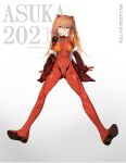  1girl absurdres blue_eyes bodysuit breasts cheeky_little_star hairpods highres interface_headset jacket long_hair neon_genesis_evangelion off_shoulder open_clothes open_jacket orange_hair pilot_suit plugsuit red_bodysuit red_jacket sitting small_breasts solo souryuu_asuka_langley 