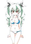  1girl absurdres anchovy_(girls_und_panzer) bangs bikini black_ribbon blue_bikini blush breasts clenched_hands closed_mouth cowboy_shot crotch_seam dated drill_hair drops_mint eyebrows_visible_through_hair frown girls_und_panzer green_hair hair_ribbon halterneck highres long_hair looking_at_viewer medium_breasts navel raised_eyebrow red_eyes ribbon solo standing sweatdrop swimsuit thigh_gap twin_drills twintails twitter_username 