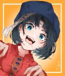  1girl bangs black_hair blue_eyes blue_headwear breasts collarbone from_below gradient gradient_background hat highres jiangshi looking_at_viewer miyako_yoshika ofuda open_mouth orange_background outstretched_arms red_shirt saliva shirt short_hair short_sleeves small_breasts solo tongue touhou upper_body upper_teeth xmj6teuc zombie_pose 