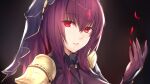  1girl absurdres armor bangs bodysuit eyebrows_visible_through_hair fate/grand_order fate_(series) hair_between_eyes highres imranomnitx long_hair looking_at_viewer parted_lips portrait purple_bodysuit purple_hair red_eyes scathach_(fate)_(all) shoulder_armor solo 