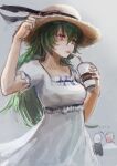  1girl bangs blue_eyes breasts brown_headwear coffee cup disposable_cup dress eto_(tokyo_ghoul) green_hair grey_background hair_between_eyes hat heterochromia holding holding_cup long_hair medium_breasts medium_dress noro_(tokyo_ghoul) red_eyes short_sleeves simple_background sketch straw_like sundress tatara_(tokyo_ghoul) tokyo_ghoul translation_request white_dress 