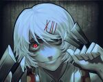  1boy artist_name between_fingers dated en0lete grey_background grin hair_ornament hair_over_one_eye hairclip hands_up highres holding holding_weapon knife male_focus polka_dot portrait red_eyes roman_numeral shirt short_hair smile solo stitches suspenders suzuya_juuzou teeth tokyo_ghoul weapon x_hair_ornament 