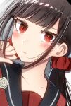  1girl bangs black_hair black_sailor_collar blunt_bangs blush closed_mouth collarbone danganronpa_(series) danganronpa_2:_goodbye_despair eyebrows_visible_through_hair grey_background hair_ornament hair_scrunchie hairclip hand_up harukawa_maki long_hair looking_at_viewer mochi_nishi_umashi mole mole_under_eye red_eyes red_nails red_scrunchie red_shirt sailor_collar scrunchie shiny shiny_hair shirt simple_background solo twintails 