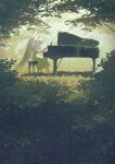  1girl angel angel_wings day dress foliage forest halo highres instrument music nature on_bench original outdoors piano piano_bench playing_instrument playing_piano potg_(piotegu) sitting solo white_dress white_hair white_wings wings 