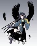  1girl armor bangs bird_wings black_hair black_legwear breasts feathered_wings feathers geta grey_background hair_between_eyes hand_on_hip hat highres holding_tripod iizunamaru_megumu long_hair long_sleeves medium_breasts open_mouth pauldrons peroponesosu. pointy_ears pom_pom_(clothes) red_eyes ribbon_trim shoulder_armor simple_background single_pauldron sleeveless_coat smile socks solo tengu-geta tokin_hat touhou wide_sleeves wings 