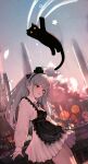  1girl :o absurdres ah_(pixiv62888100) apron bangs black_apron black_headwear bow bowtie cat city crossed_bangs dress eyebrows_visible_through_hair feet_out_of_frame flying girls_frontline hat highres hk416_(girls&#039;_frontline) light_blue_hair long_hair mini_hat open_mouth scenery solo standing teardrop teardrop_facial_mark teardrop_tattoo white_dress yellow_eyes 