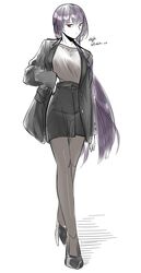  1girl absurdres bangs black_footwear black_jacket black_legwear black_skirt blazer breasts closed_mouth eyebrows_visible_through_hair girls_frontline grey_shirt hand_on_hip high_heels highres jacket long_hair looking_at_viewer open_clothes open_jacket pantyhose purple_hair red_eyes shirt skirt solo standing stigmamyu wa2000_(girls&#039;_frontline) white_background 