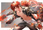  1boy abs angry bangs black_jacket black_pants clenched_teeth diluc_(genshin_impact) fire fur_trim genshin_impact gloves hair_between_eyes hair_over_one_eye highres hiiro_(coinxtossxdive) holding holding_sword holding_weapon jacket long_hair long_sleeves male_focus muscular muscular_male open_clothes open_jacket pants pectorals ponytail red_eyes redhead scar scar_on_arm scar_on_chest shirt solo sword teeth torn_clothes torn_jacket torn_shirt vision_(genshin_impact) weapon 