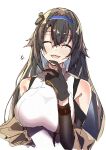  1girl absurdres anger_vein arm_warmers bangs bare_shoulders breasts closed_eyes e_sky_rugo finger_to_own_chin girls_frontline gloves hair_flaps highres large_breasts long_hair mole mole_under_eye open_mouth revision sidelocks sleeveless smile solo super_sass_(girls&#039;_frontline) very_long_hair 