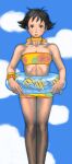  1girl absurdres black_eyes black_hair blush choker closed_mouth clouds highres innertube jewelry looking_at_viewer makoto_(street_fighter) midriff short_hair shorts solo street_fighter street_fighter_iii_(series) swimsuit yasuda_akira 