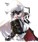  1girl azur_lane bare_shoulders black_coat black_neckwear breasts coat enterprise_(azur_lane) grey_hair hand_up hat_over_one_eye kdm_(ke_dama) large_breasts long_hair long_sleeves looking_at_viewer necktie one_eye_covered open_clothes open_coat parted_lips shirt solo upper_body violet_eyes white_shirt 