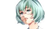  1girl bangs commentary_request derivative_work eto_(tokyo_ghoul) eyebrows_visible_through_hair face g4265059 glasses green_eyes green_hair hair_between_eyes short_hair simple_background solo teeth tokyo_ghoul tokyo_ghoul:re white_background 