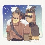  2boys askeladd bear beard bird bjorn_(vinland_saga) black_hair blonde_hair facial_hair helmet mead_rabbitfoot multiple_boys owl snow tunic viking 