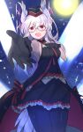  1girl alternate_costume breasts commentary_request dress glasses gloves hat head_wings heidimarie_w._schnaufer highres idol ika_(hinatu1992) open_mouth outstretched_arm pantyhose red_eyes smile solo strike_witches white_hair world_witches_series 