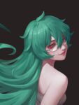  1girl bangs bare_shoulders bei_ju_luoxuan_wan black_background breasts commentary_request eto_(tokyo_ghoul) eyelashes from_side glasses green_eyes green_hair hair_between_eyes lips long_hair looking_at_viewer red_eyes round_eyewear sarashi shiny shiny_hair simple_background smile solo tokyo_ghoul upper_body 