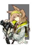  1girl absurdres amayouri animal_ears arknights brown_hair brown_vest camera chinese_commentary collar collared_shirt commentary_request cosplay cropped_torso dslr earpiece extra_ears fox_ears frown green_hairband grey_background hair_between_eyes hairband highres holding holding_camera jacket long_hair looking_at_viewer necktie open_clothes open_jacket red_eyes red_neckwear scene_(arknights) scene_(arknights)_(cosplay) shirt simple_background sketch solo striped striped_hairband twintails two-tone_background upper_body vest weibo_username white_background white_collar white_jacket 
