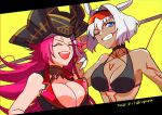  animal_ears bikini black_bikini blue_eyes breasts caenis_(fate) caenis_(swimsuit_rider)_(fate) dated eyewear_on_head fate/grand_order fate_(series) francis_drake_(fate) grin hat large_breasts laughing one_eye_closed pink_hair pirate_hat scar scar_on_face smile sunglasses swimsuit tattoo twitter_username white_hair yellow_background yuya_(aruka) 